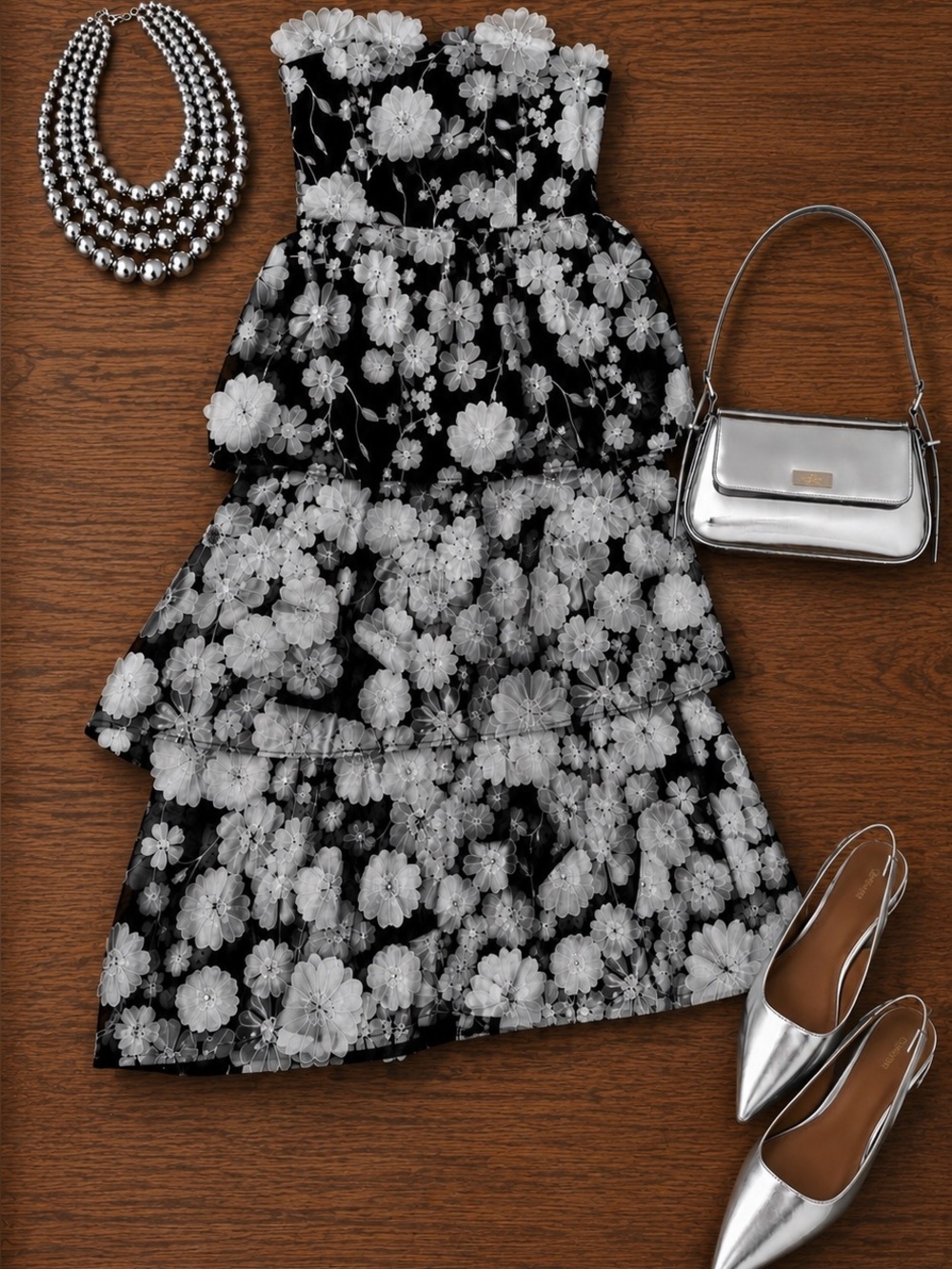 Mew & Mews Black White Floral Appliqué Strapless Tiered Midi Dress Homecoming
